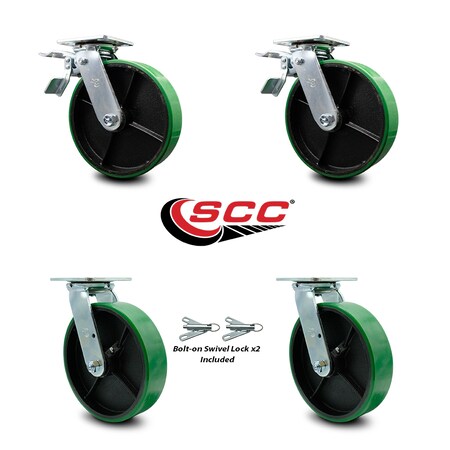 Service Caster 8 Inch Green Poly on Steel Caster Set with Ball Bearings 2 Brakes 2 Swivel Locks SCC-TTL30S820-PUB-GB-2-BSL-2